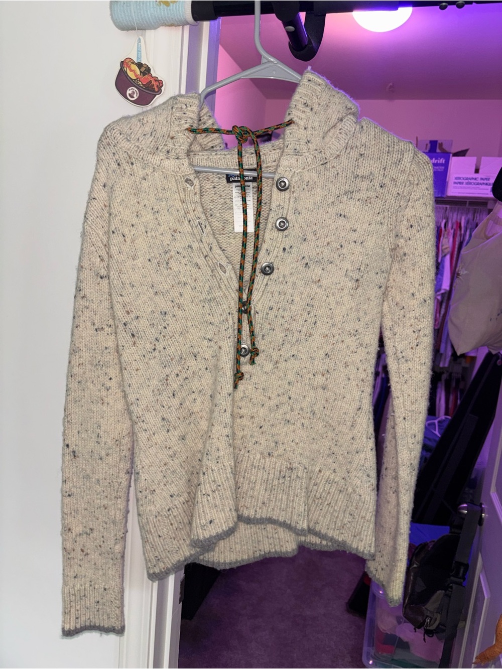Patagonia Cream Speckled Wool-Blend Hooded Sweater with Toggle Cord